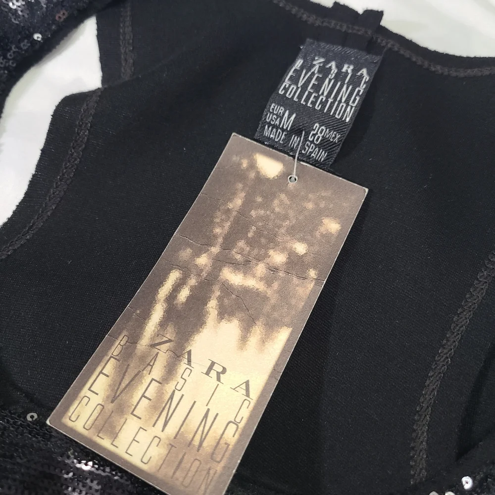 Zara Evening‎ Collection Black Sequin Tank Racerback Sheath Slip Mini Dress Med